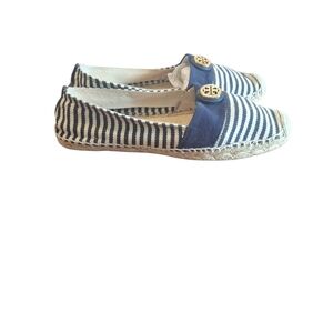 Tory Burch Navy and White Striped Espadrilles with Gold Logo